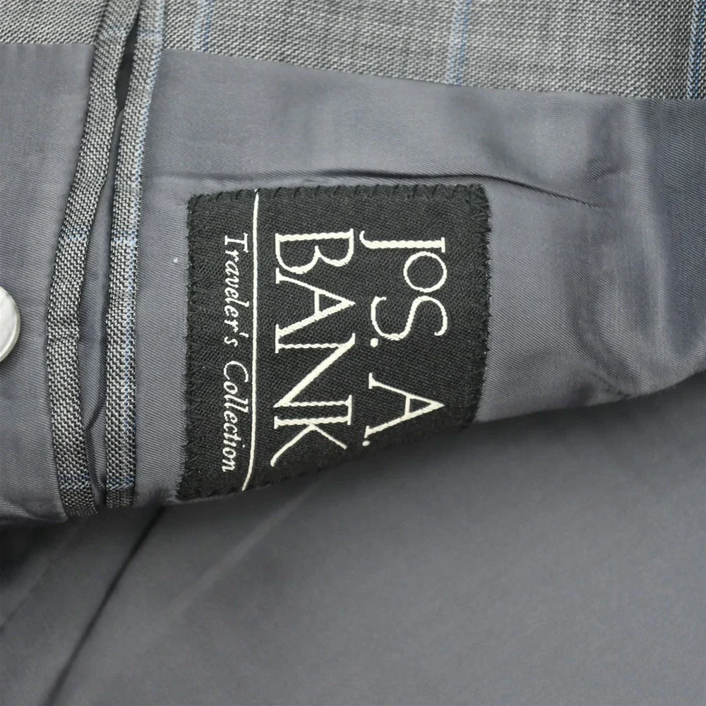 Jos A Bank 42R 32x32 Gray Windowpane 100% Wool Traveler Mens Jacket Pants Suit